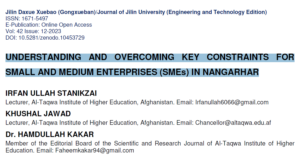 UNDERSTANDING AND OVERCOMING KEY CONSTRAINTS FOR SMALL AND MEDIUM ENTERPRISES (SMEs) IN NANGARHAR