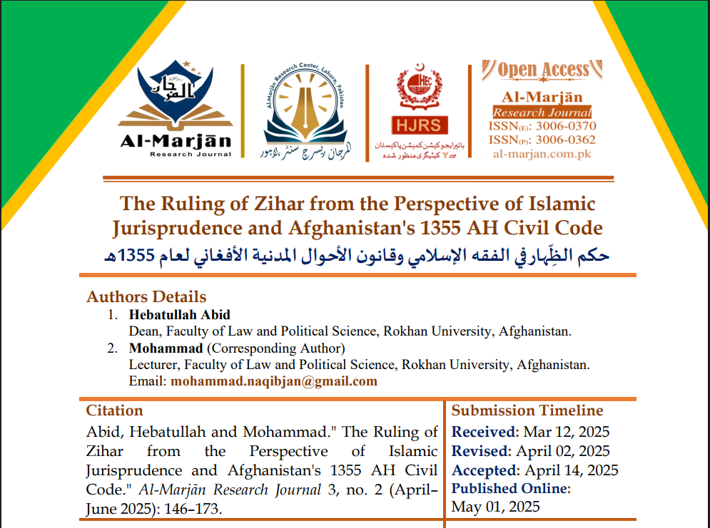 The Ruling of Zihar from the Perspective of Islamic Jurisprudence and Afghanistan's 1355 AH Civil Code ) 