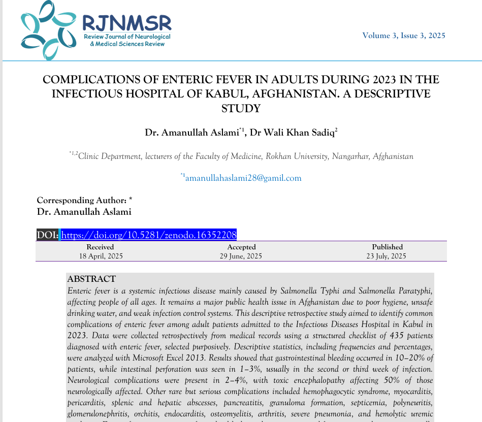COMPLICATIONS OF ENTERIC FEVER IN ADULTS DURING 2023 IN THE  INFECTIOUS HOSPITAL OF KABUL, AFGHA