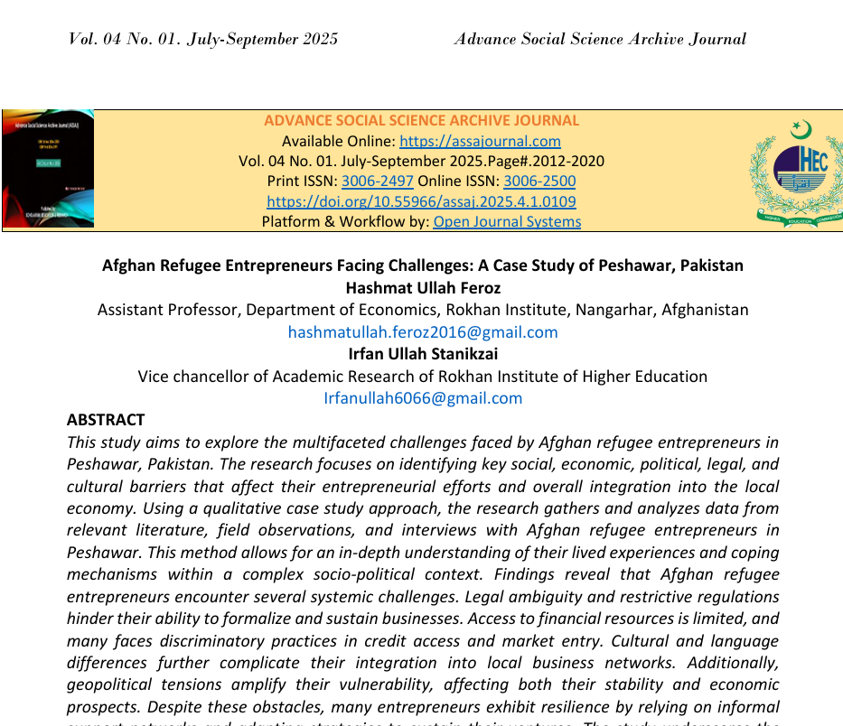 Afghan Refugee Entrepreneurs Facing Challenges: A Case Study of Peshawar, Pakistan